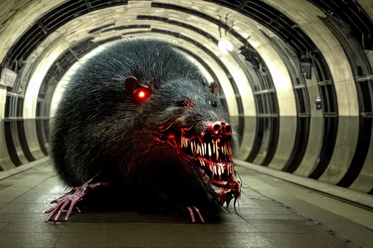 Image similar to very large giant mutant zombie irradiated ( angry rat ) staying on railways in tonnel of moscow subway. tonnel, railways, giant angry rat, very realistic. extreme long shot, low dark light, anish kapoor, herman nitsch, giger.