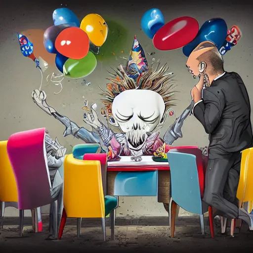 Image similar to man lawyer eating a birthday inside of a courtroom by alex pardee and nekro and petros afshar, unstirred paint, vivid color, cgsociety 4 k