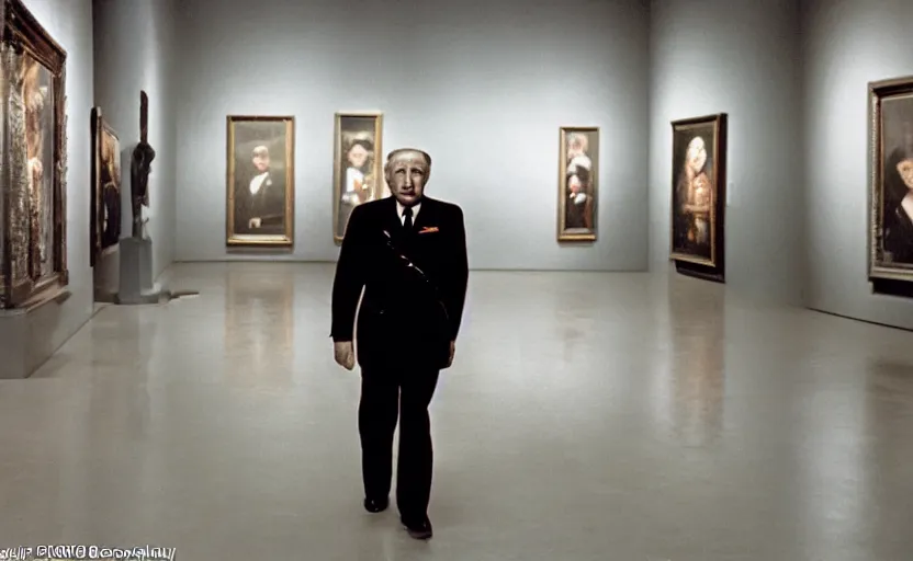 Image similar to 50s movie still close-up portrait of an elder soviet general walking in an empty museum, by David Bailey, Cinestill 800t 50mm eastmancolor, heavy grainy picture, very detailed, low quality, 4k, HD criterion, precise texture and facial expression