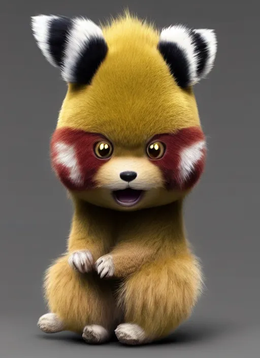 Image similar to high quality 3 d render hyperrealist very cute muted color fluffy! pikachu red panda hybrid highly detailed, vray smooth, in the style of detective pikachu, hannah yata charlie immer, soft indoor light, low angle, uhd 8 k, sharp focus