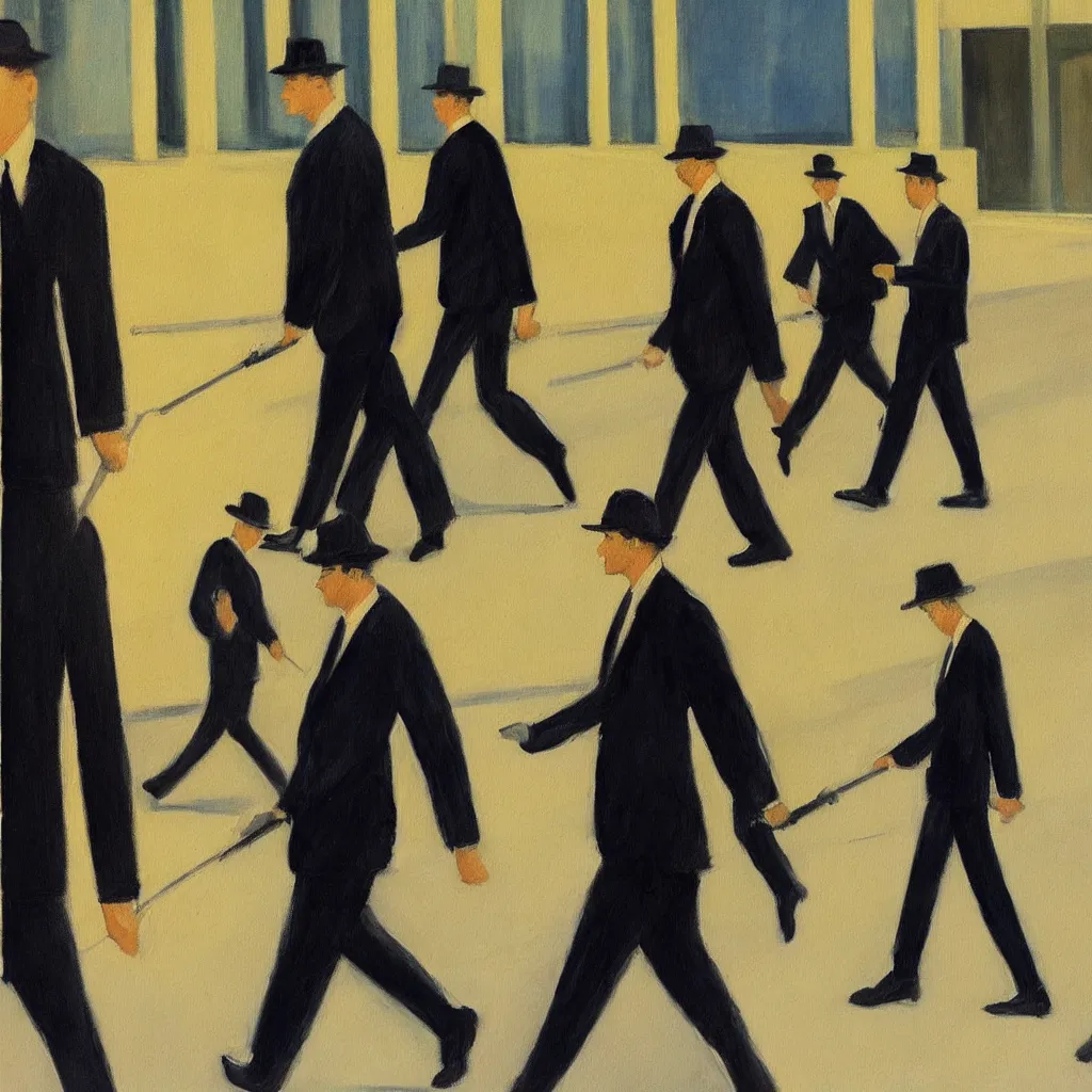 Image similar to painting of a group of men in business suits, marching to their offices, in the style of edward hopper