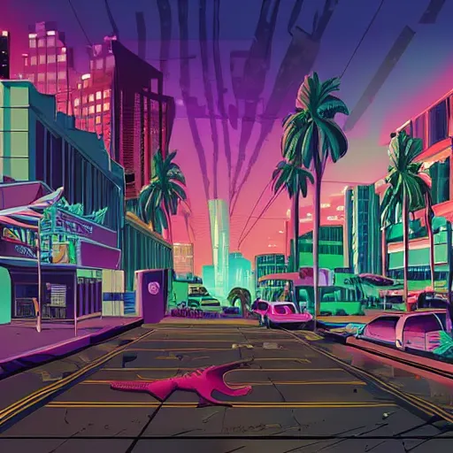 Prompt: wide shot of dried miami city, red purple dust and smoke in the air, rays of light, neon billboards and dried palmtrees in the streets, mutated aligators in corners epic scene, scifi, illustration