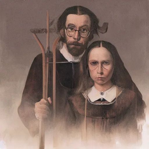 Prompt: the american gothic painting, highly detailed, digital painting, artstation, concept art, smooth, sharp focus, by Gustave Courbet