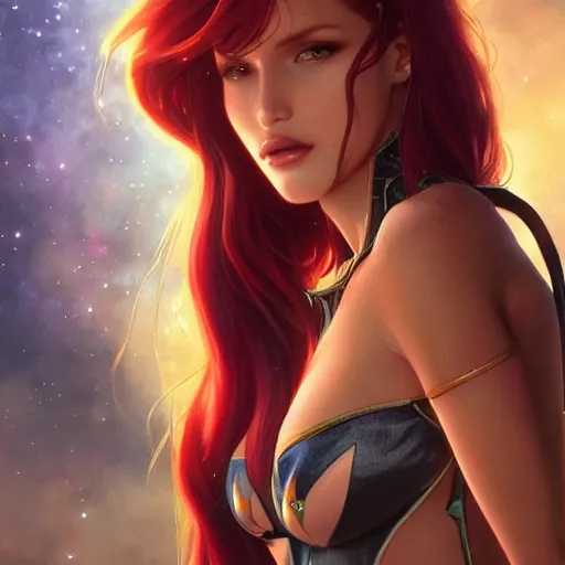 Image similar to ultra realistic illustration, bella thorne as starfire anime, intricate, elegant, highly detailed, digital painting, artstation, concept art, smooth, sharp focus, illustration, art by artgerm and greg rutkowski and alphonse mucha and wlop