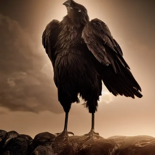 Image similar to Crow Fursuit, center composition, dark clouds, golden hour, dream-like heavy atmosphere, hyperrealistic, beautiful detailed intricate insanely detailed octane render trending on Artstation, 8K artistic photography, photorealistic, dramatic volumetric cinematic perfect light, chiaroscuro, award-winning photograph, masterpiece,