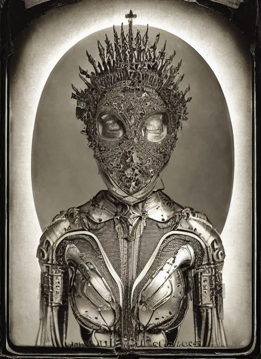 Image similar to old wetplate daguerreotype frame portrait of a futuristic silver armored queen elisabeth emperor district 9 cyborg, fractal, intricate, elegant, highly detailed, subsurface scattering, by jheronimus bosch and greg rutkowski and louis jacques mande daguerre