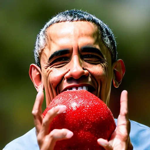 Image similar to portrait photo of Obama finding a giant red mushroom, exhilarated, portrait, closeup. mouth open, 30mm, bokeh
