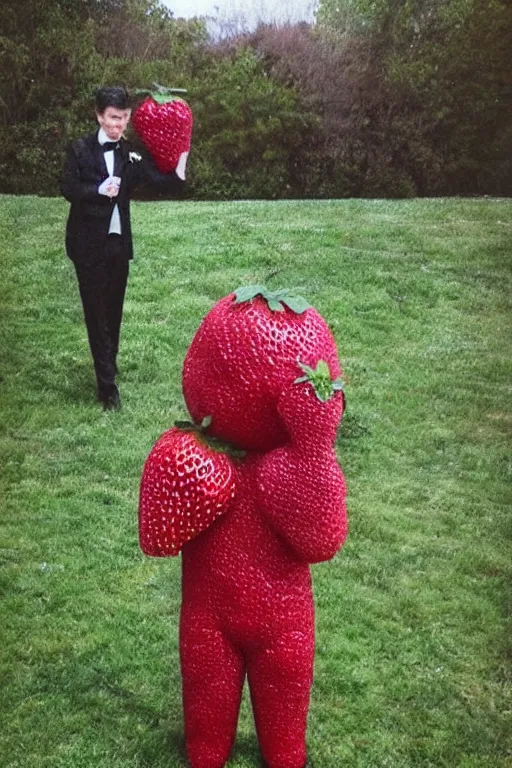 Image similar to a strawberry man wearing a tuxedo, he has a giant strawberry instead of a head