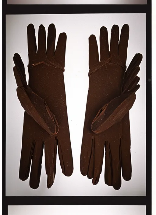 Image similar to realistic photo of a scientific model of an ugly rough complex gloves made of black clay, front view, neutral brown colors 1 9 9 0, life magazine reportage photo, metropolitan museum photo