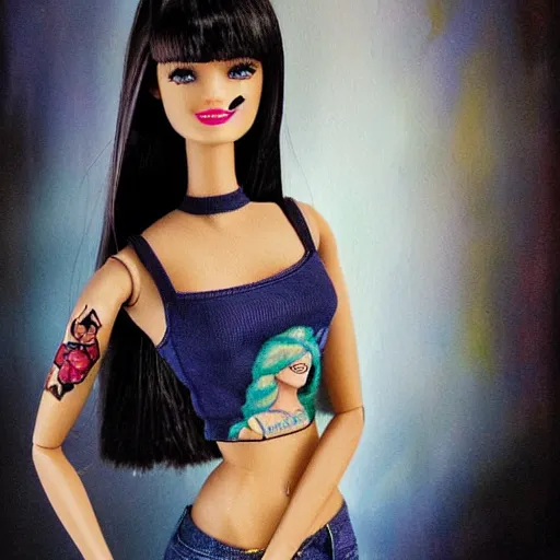 Prompt: barbie with tattoos and torn clothes. painting by stanley lau dramatic lighting