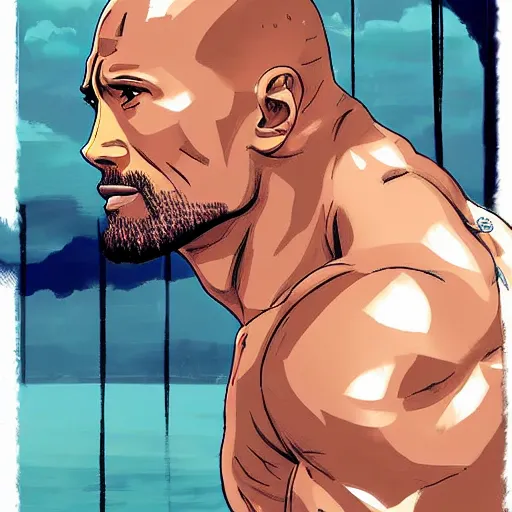 Prompt: A portrait of Dwayne Johnson, in the style of modern anime, city, rain