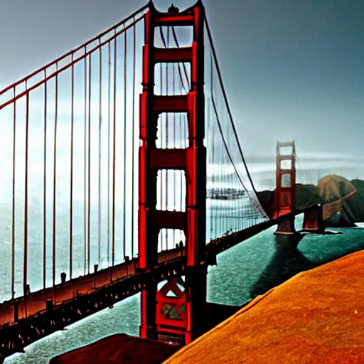 Image similar to a destroyed and deserted golden gate bridge