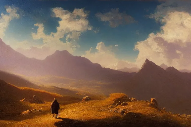 Prompt: a traveler wandering trough the mountains looking at the clouds, very detailed, focused, oil painting, cinematic lighting, albert bierstadt, trending on artstation, colorful, canvas, sunset, centered, hans dahl, theodor kittelsen, hermann hendrich, national geographic, Konstantin Yakovlevich Kryzhitsky, beautiful nature, breathtaking, nordic