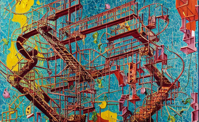 Image similar to chutes and ladders. detailed abstract painting by bordalo ii, by mc escher, by raqib shaw, japanese popsurrealism,