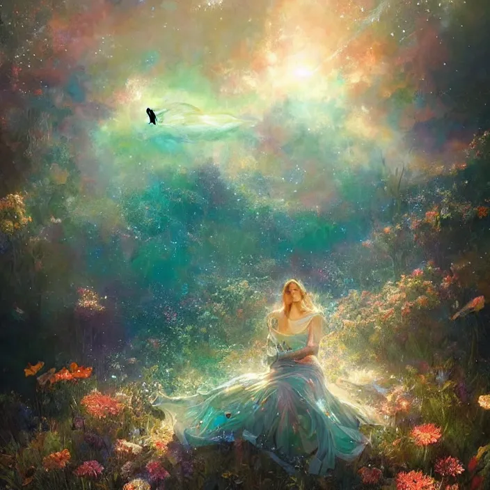 Image similar to glimmering whale, flowing dress, flowers, cosmos, milky way galaxy, golden hour, god rays, coral reef, dreamscape by artgerm and ruan jia and ismail inceoglu and greg olsen, masterpiece, beautiful, intricate, elegant, highly detailed