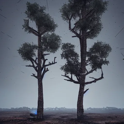 Prompt: dystopian landscape, desolate, tall grim trees. photograph, octane render