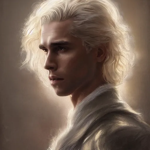 Prompt: Viserys Targaryen in rapture, very detailed sharp angular masculine face, hooked nose and square jaw long fluffy curly blond hair, light blond hair, gorgeous, beautiful, intricate, highly detailed, digital painting, artstation, concept art, sharp focus, illustration, art by greg rutkowski and alphonse mucha