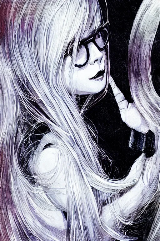 Prompt: Avril Lavigne with mid-length white hair and black rimmed glasses. She is hacking the mainframe. Award Winning. In the style of Marc Simonetti.