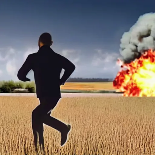 Image similar to cctv footage of a man running across a field, in the background is a large explosion, highly detailed, very realistic.