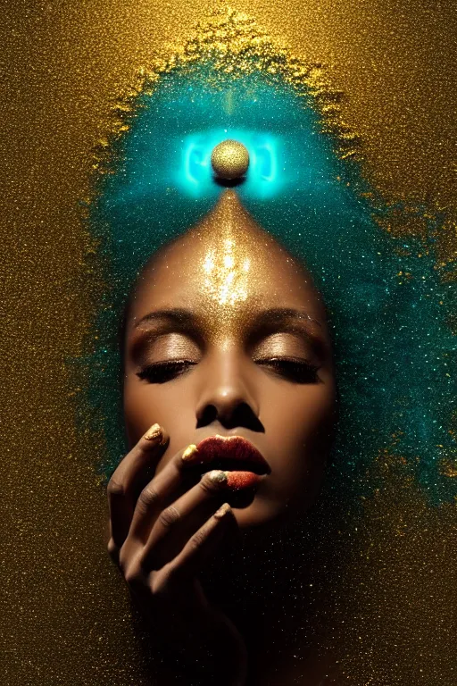 Prompt: hyperrealistic postrococo cinematic very expressive! black oshun goddess, open eyes, in water up to her shoulders, mirror dripping droplet!, gold flowers, highly detailed face, digital art masterpiece, smooth eric zener cam de leon dramatic pearlescent teal light, ground angle uhd 8 k, sharp focus