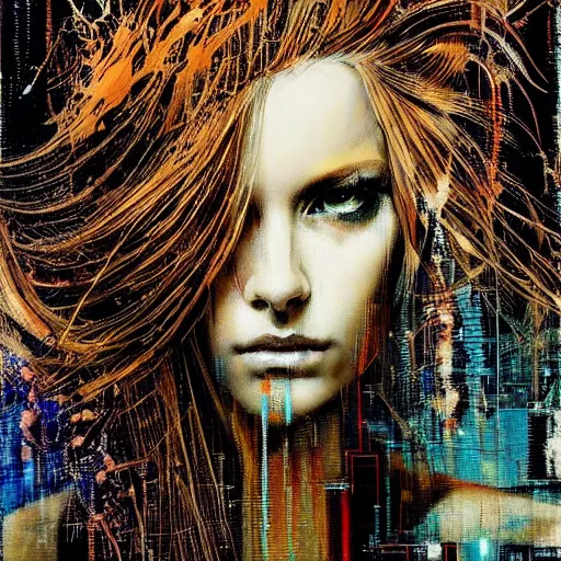 Prompt: hyperrealistic portrait of a mysterious cyberpunk woman with flowing hair, by Guy Denning, Russ Mills, beautiful, elusive, glitch art, hacking effects, glitch effects, focus, brown eyes, digital tech effects, cybernetics, detailed lines, intricate detail, holographic, polished, chromatic, clear, color blocking, acrylic on canvas, octane, concept art, abstract, red face, front view, 8k, masterpiece, cgsociety, trending on artstation