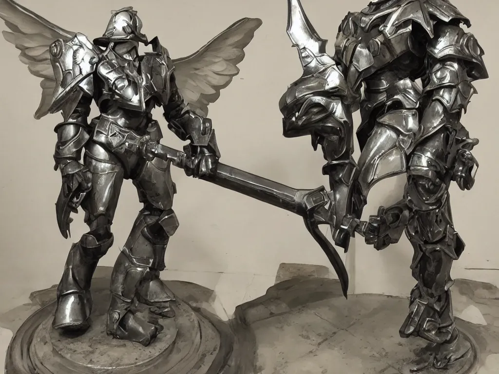 Prompt: futuristic paladin in power armor, holding a sword, kneeling before a statue of an angel