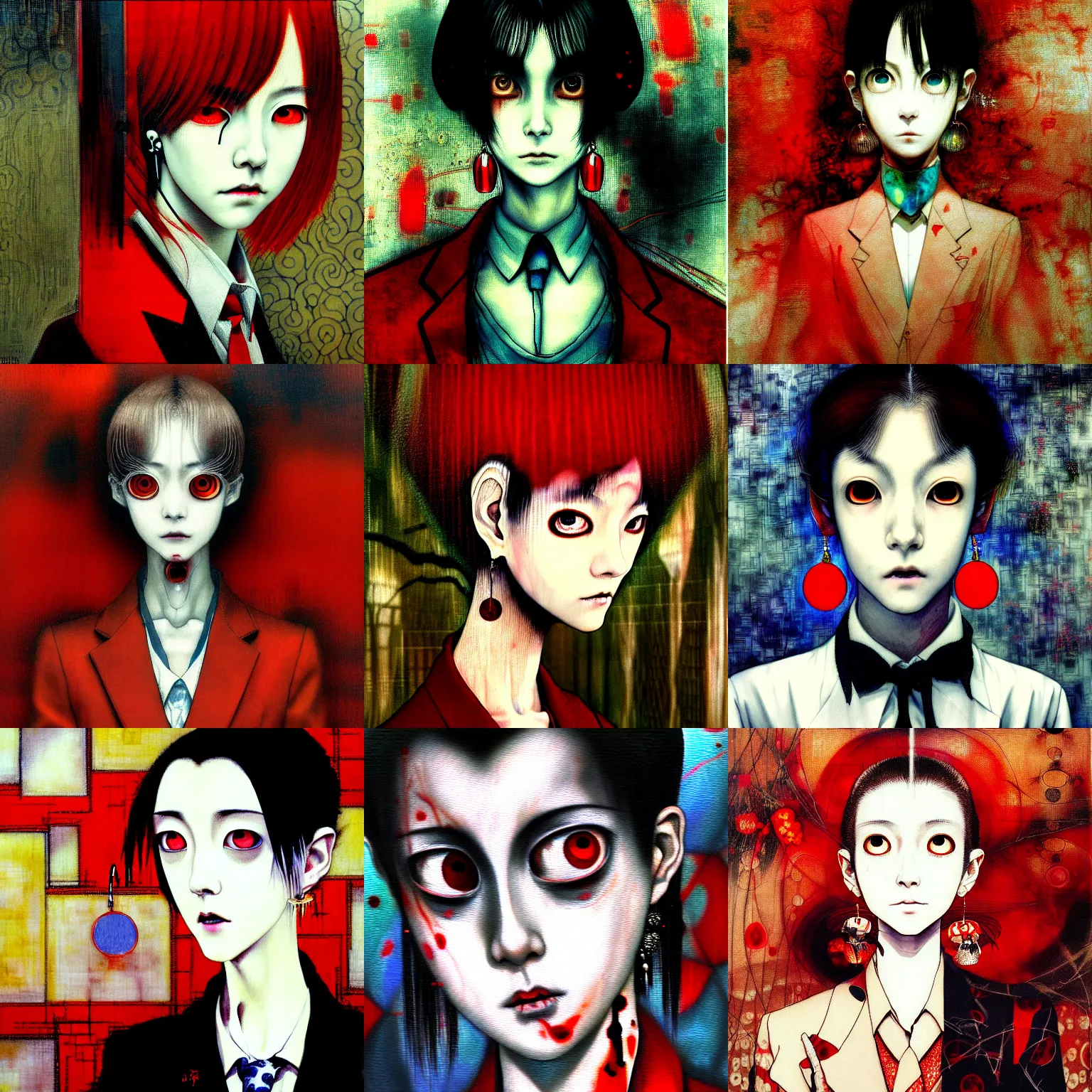 Prompt: yoshitaka amano blurred and dreamy realistic three quarter angle horror portrait of a sinister young woman with short hair, big earrings and red eyes wearing office suit with tie, junji ito abstract patterns in the background, satoshi kon anime, noisy film grain effect, highly detailed, renaissance oil painting, weird portrait angle, blurred lost edges