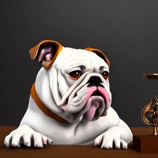 Image similar to photorealistic painting of a bulldog holding a dagger by Guido Reni, highly detailed, cute, unreal engine render, 8k, award winning, trending on artstation