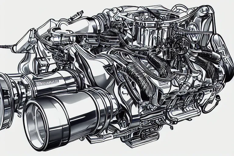 Image similar to f1 engine cutaway illustration by jean giraud moebius engineering black and white chrome