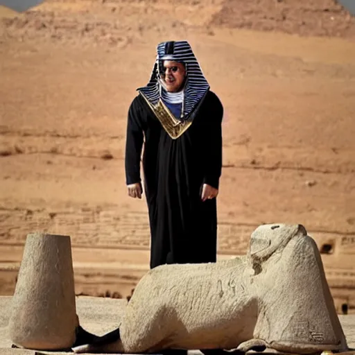 Prompt: elon musk dressed like an old egyptian, next to the pyramids, award winning photography