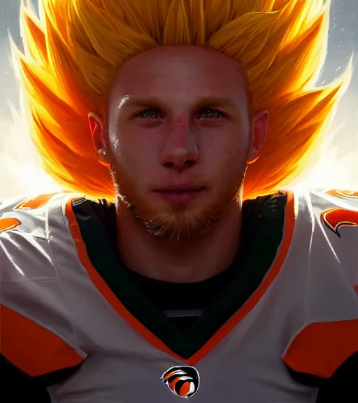 Image similar to highly detailed portrait of super saiyan cooper kupp cincinnati bengals football, unreal engine, fantasy art by greg rutkowski, loish, rhads, ferdinand knab, makoto shinkai and lois van baarle, ilya kuvshinov, rossdraws, tom bagshaw, global illumination, radiant light, detailed and intricate environment