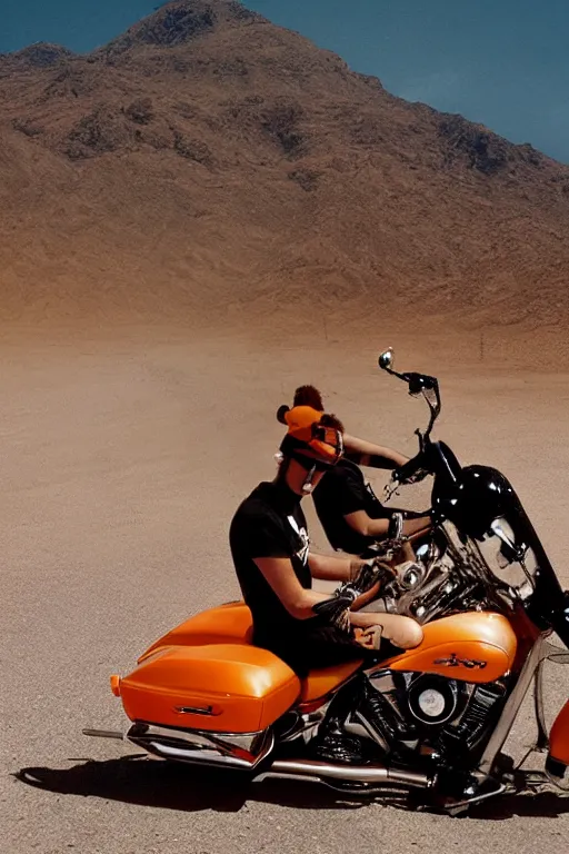 Prompt: photograph of naruto riding a harley davidson motorcycle down a desert highway