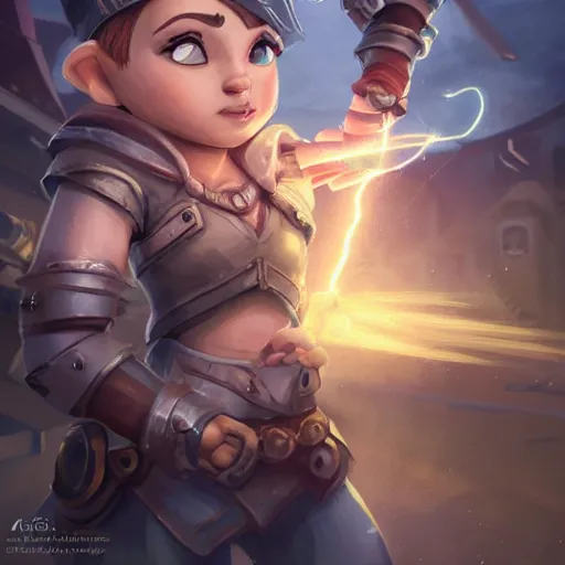 Image similar to female gnome engineer with pixie undercut hair, blasting lightning from metal gauntlet covering her arm, standing on a ship deck, full body portrait, lightning fantasy magic, naval background, D&D, piercing stare, highly detailed, digital painting, HD, ArtStation, great composition, concept art, matte, sharp focus, illustration, art by artgerm and Greg Rutkowski