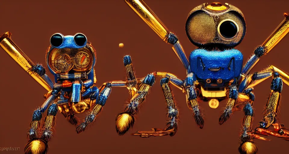 Image similar to a steampunk mechanical colourful jumping spider playing drums, highly detailed illustration highlights, red and gold highlights, neon blue highlights, macro photography, F/2.8, trending on artstation, octane render