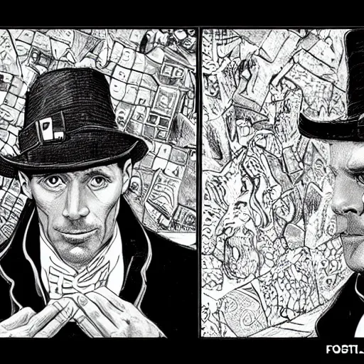 Prompt: portrait of sherlock holmes, mash - up between mc escher and vincent van gogh, marvel comics style