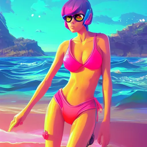 Prompt: neon bikini woman in the ocean | hyperrealistic digital painting by makoto shinkai, ilya kuvshinov, lois van baarle, rossdraws | afrofuturism in the style of hearthstone and overwatch, trending on artstation