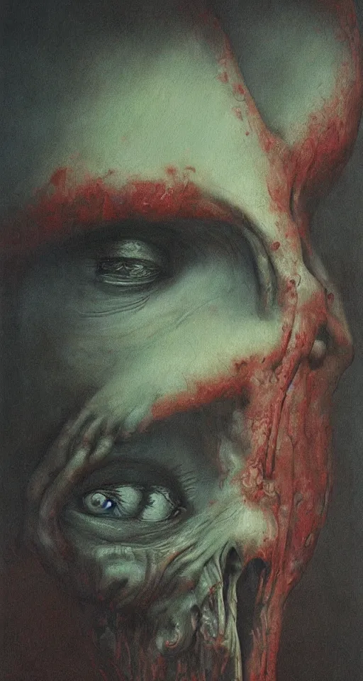 Image similar to Painting in a style of Beksinski featuring a giant alien crying. Pain and suffering in the background
