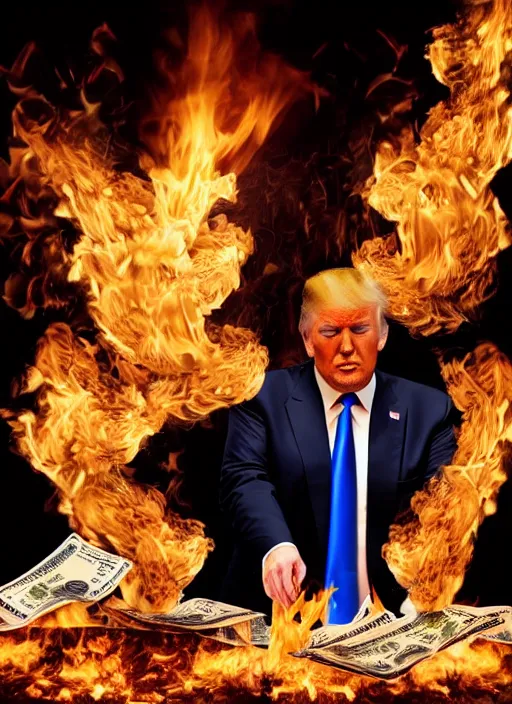 Image similar to a beautiful photo of donald trump burning his own money, intricate details, photography, volumetric light, 8 k