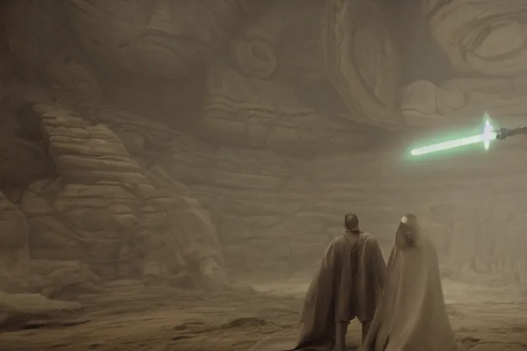 Prompt: vfx movie closeup jedi vs sith couple dual interior dark temple by emmanuel lubezki