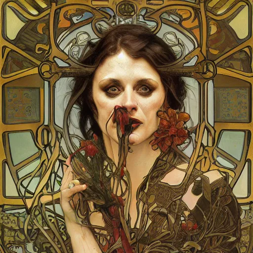 Image similar to hannibal lector, in the style of donato giancola, and in the style of vanessa lemmen, and in the style of alphonse mucha. symmetry, smooth, sharp focus, semi - realism, intricate detail.