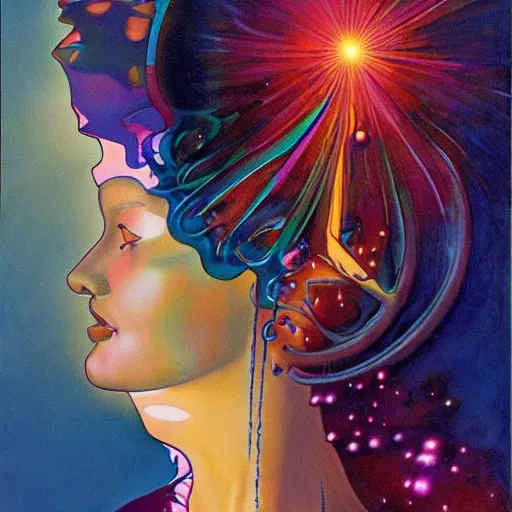 Image similar to dark blue haired woman, fair skinned, mœbius, jean henri gaston giraud, psychedelic, surrealism, dramatic lighting, angelic, beautiful, feminine