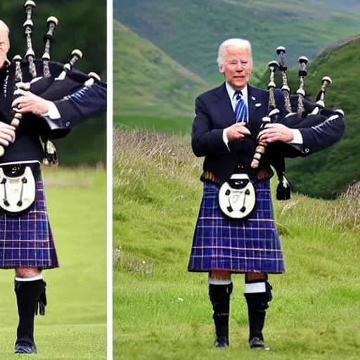 Prompt: joe biden wearing a kilt and playing a bagpipe in the scottish highlands, 8 k, very detailed,