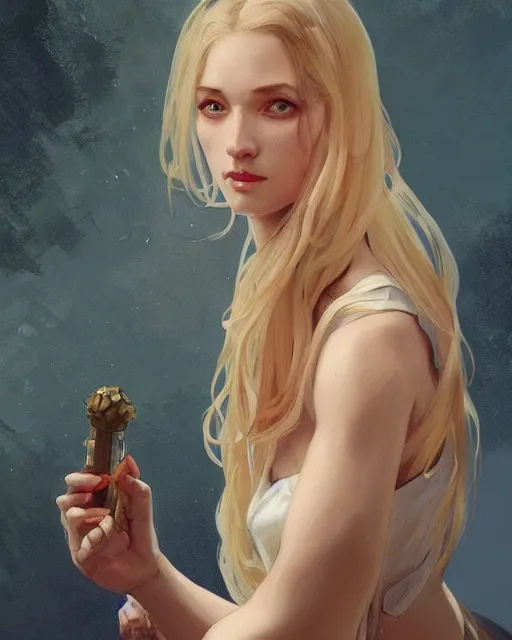 Image similar to '' Portrait of Beautiful blonde Slavic woman in her early 30’s, league of legends, LOL, fantasy, d&d, digital painting, artstation, concept art, sharp focus, illustration, art by greg rutkowski and alphonse mucha ''