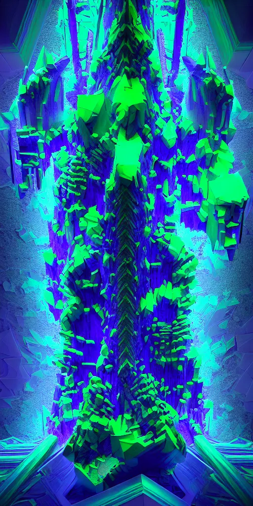 Image similar to 3 d photographic render of a deconstructed asymmetric mandelbulb sculpture, blue bioluminescent chrometype, made of liquid purple metal, neotribal with thorns and green thunders, cyberpunk pyramid, raytraced, hyper realistic, volumetric lightning, 8 k, by zhelong xu and michelangelo