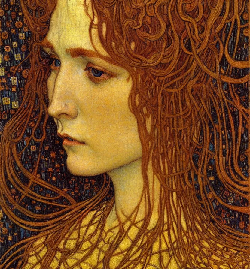 Image similar to detailed realistic beautiful young medieval queen face portrait by jean delville, gustav klimt and vincent van gogh, art nouveau, symbolist, visionary, gothic, pre - raphaelite, muted earthy colors, desaturated