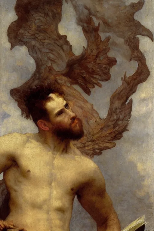 Image similar to a renaissance oil painting close shot portrait by alma tadema of a demon lucifer with large wings holding a book surrounded by lightning clouds descending upon foggy frost, colourful pastel, detailed academic bouguereau, high shadow, sharp focus