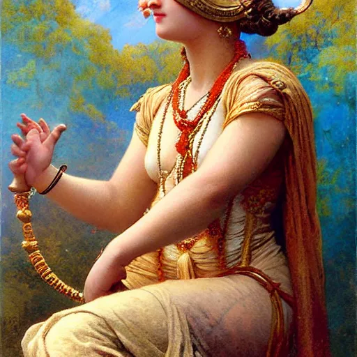 Prompt: detailed figure of hindu traditional girl blindfolded high - tech vr headset in baroque style, girl graceful,, painting by gaston bussiere, craig mullins, j. c. leyendecker, lights, art by ernst haeckel, john william godward, hammershøi,,