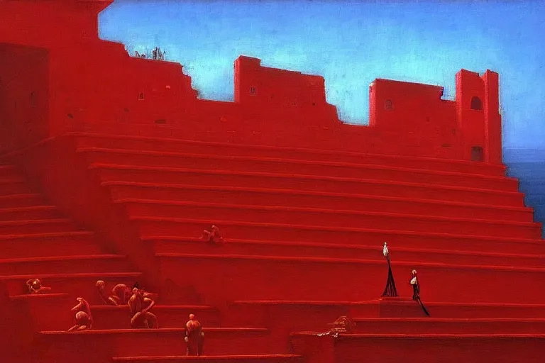 Image similar to only with red, a red great emperor, taormina amphitheatre, expressive crowd hails him, in the style of beksinski, parts by edward hopper, parts by rodcenko, parts by yue minjun, intricate and epic composition, red by caravaggio, insanely quality, highly detailed, masterpiece, red light, artstation, 4 k