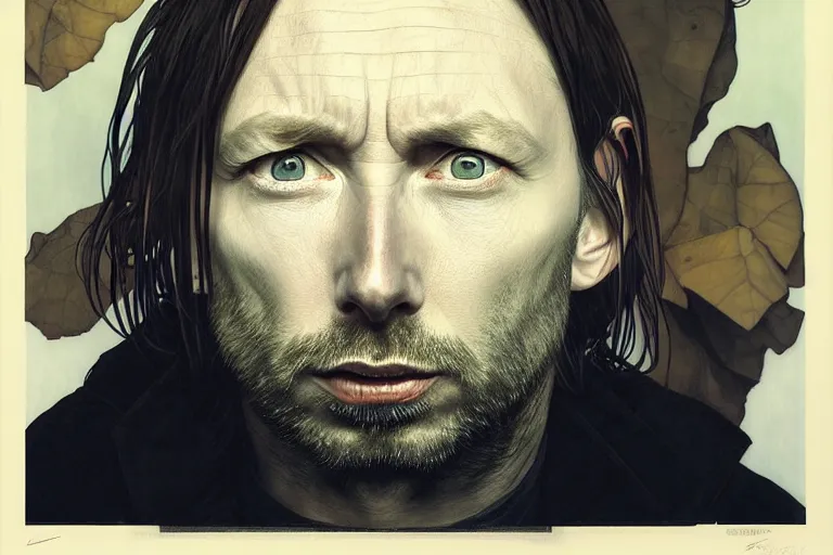 Image similar to hyper realistic portrait of thom yorke mixed with trent reznor, bigger forehead, bigger chin, from the side, by lee bermejo, alphonse mucha and greg rutkowski