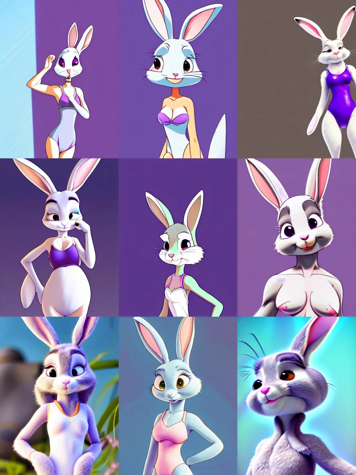 Prompt: slim sexy feminine grey female rabbitbunny from zootopia, fluffy gorgeous beautiful zootpia bunny femme, sexy judy hopps in a one piece swimsuit, purple eyes, symmetric face, fluffy chest, full body shot, in a swimsuit